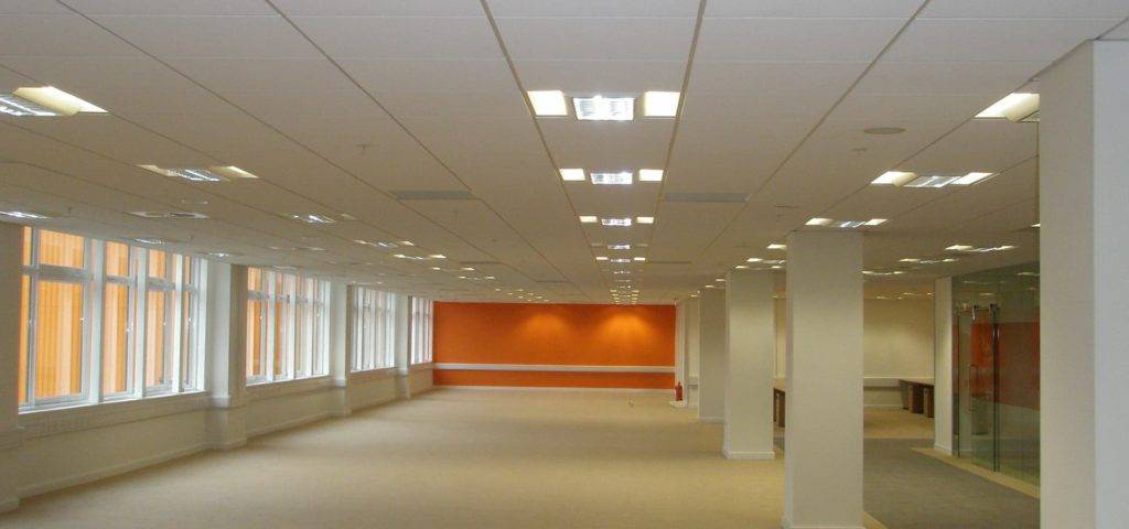 Large open office space with suspended ceiling